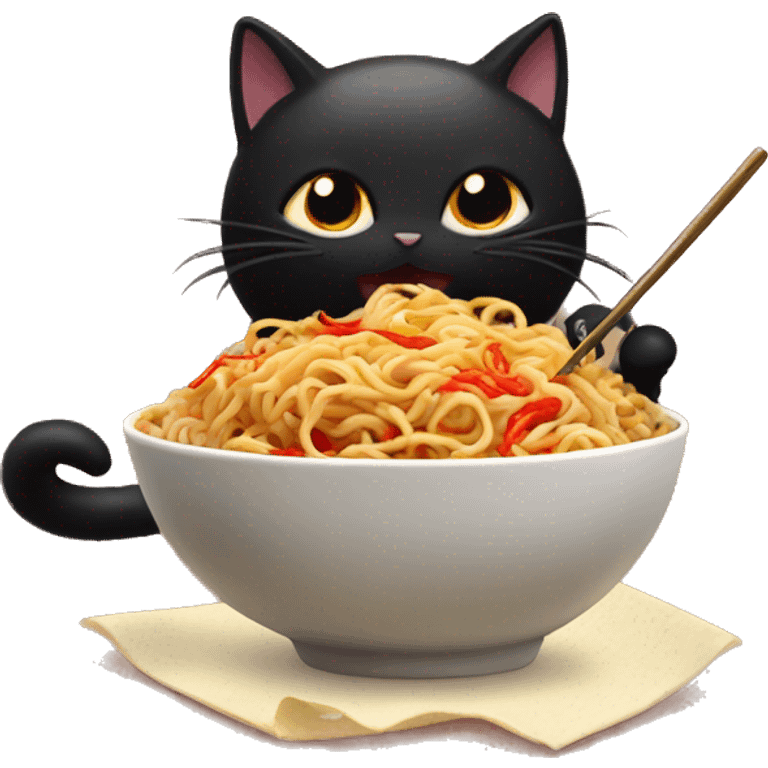 Fluffy black cat eating spicy buldak noodles  emoji