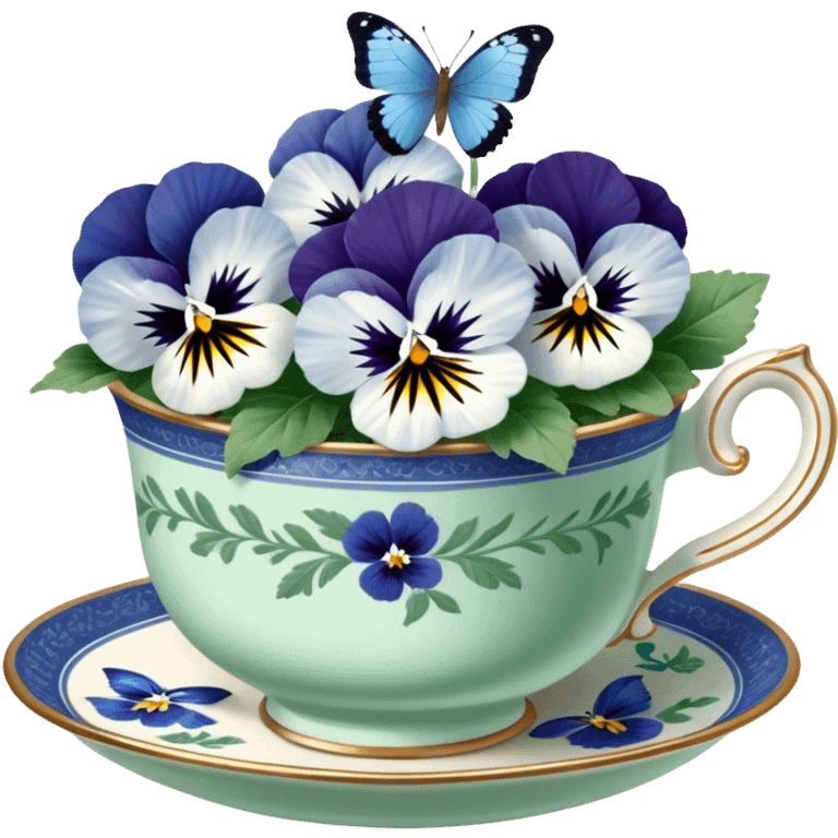 A cluster of blue and white pansies in an antique green porcelain cup, with a blue butterfly gently landing on a petal emoji