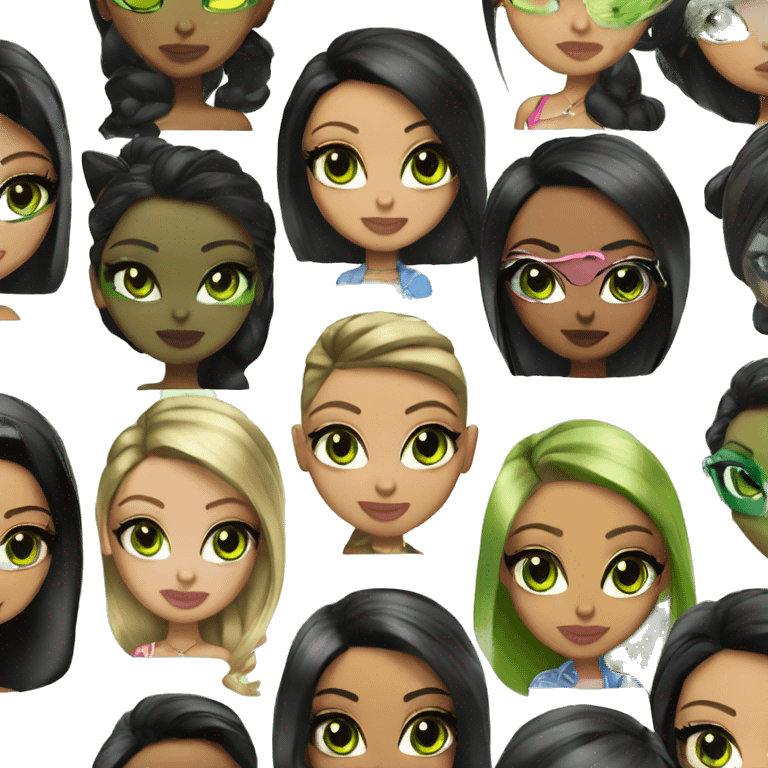 Bratz, club, cocktail, black hair, half up half down hair, olive skin, green almond cat eyes emoji