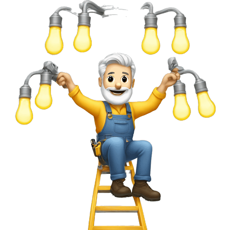 Gray hair bearded handyman on ladder changing lightbulbs on a chandelier  emoji