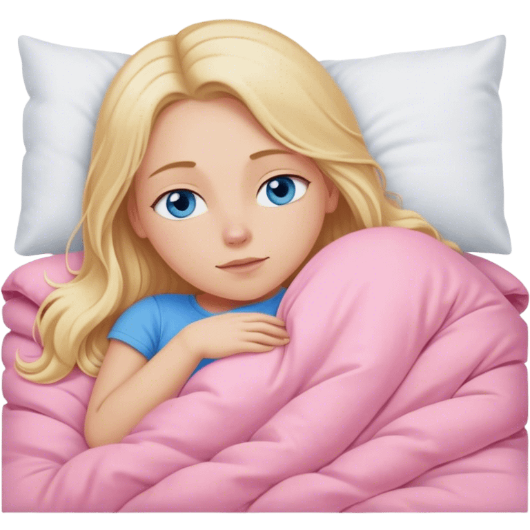 Cinematic realistic blonde with long hair, blue eyes, dressed in a pink top, sleeping in a cozy, soft bed, covered with a white duvet emoji