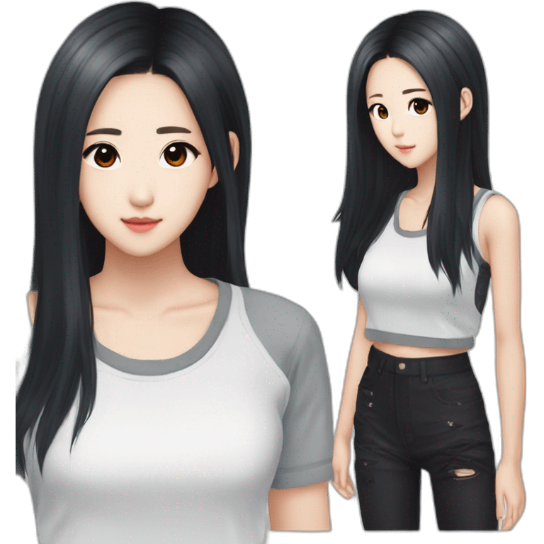 Kim jisoo idol with long but wolf cut bandgs with black hairs and with white sweatshort hair emoji