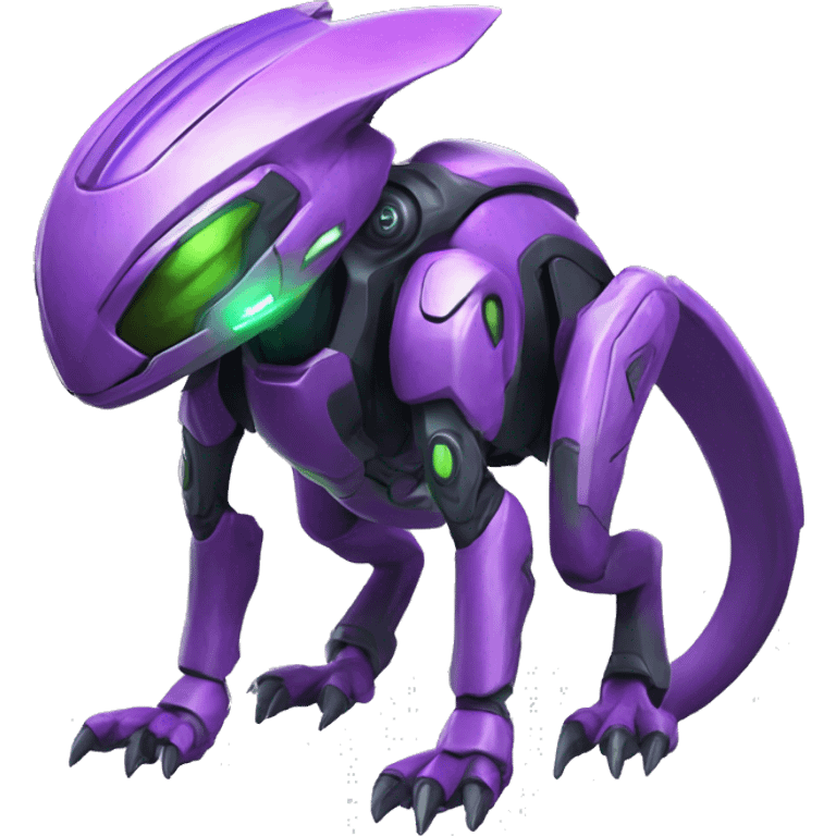 a purple-green Genesect-Raptor-Fakémon—hybrid with a futuristic visor-helmet full body emoji