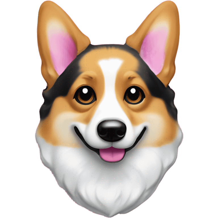 Tri-colored corgi with black near temples in the style of Lisa Frank with bow collar emoji