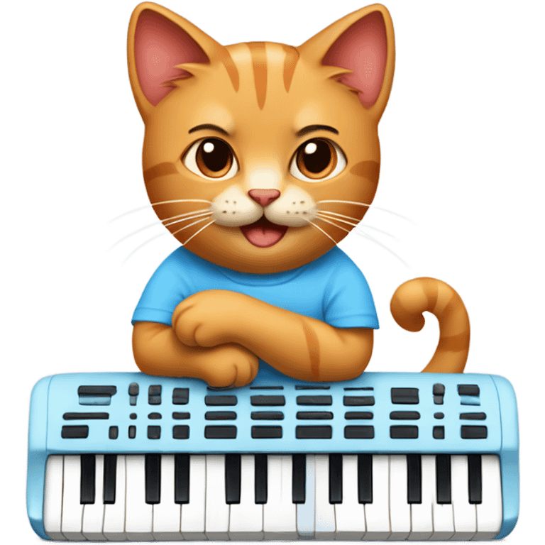 tan-red cat wearing a light-blue t-shirt taps musical keyboard emoji