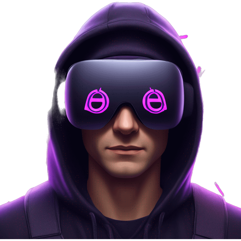 Russian man wearing a black hoodie with "OMG" letters on it and VR headset in a cyberpunk VR environment with violet neon lighting. emoji