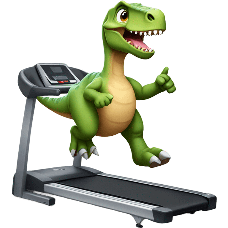 dinosaur runs on a treadmill and shows a thumbs up emoji