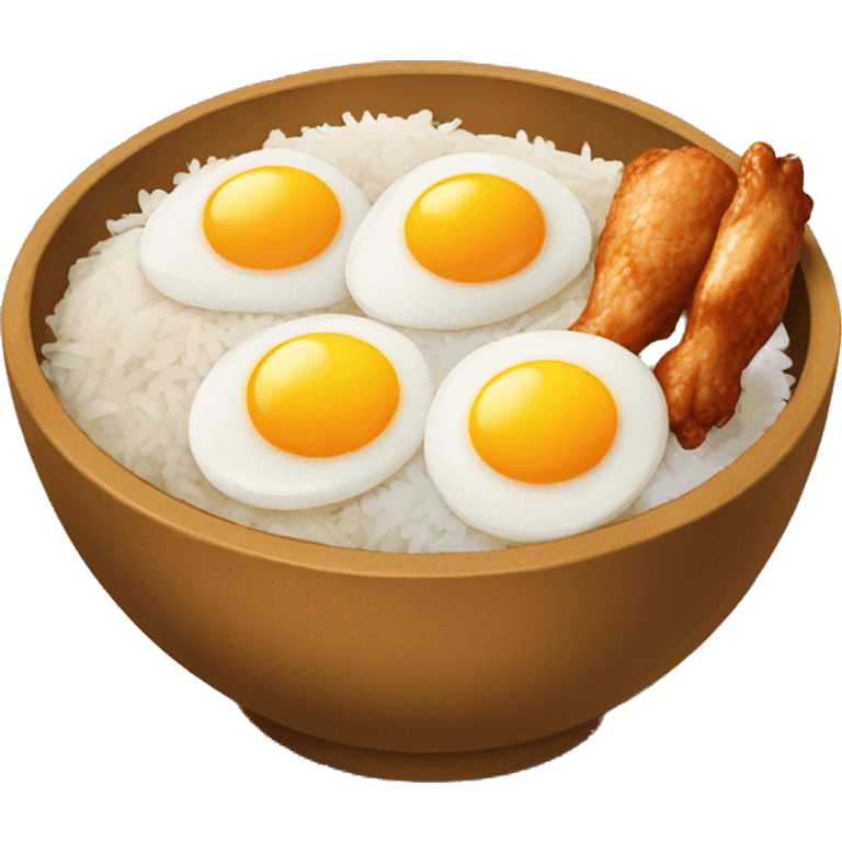 a bowl of rice with two eggs and two chicken drumstick on top emoji