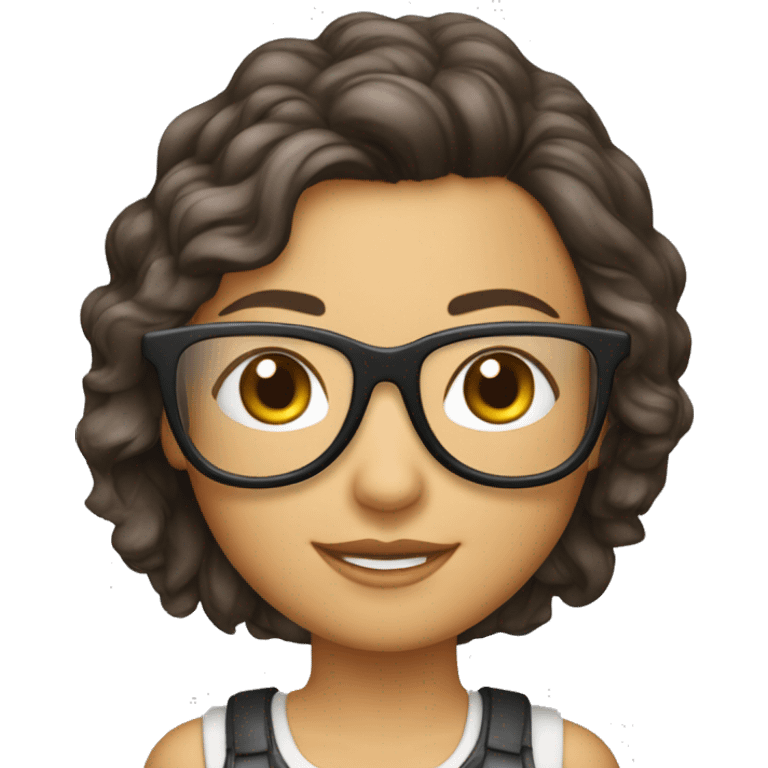 Una chica blanca, de cabello corto hasta los hombros  marrón, lentes de aviador, con una computadora  emoji