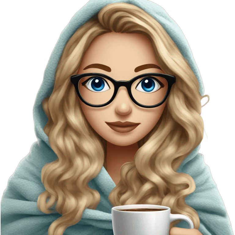 Balayage hair Girl drinking coffee, with a cozy blanket wearing glasses with blue eyes photo beautiful  emoji