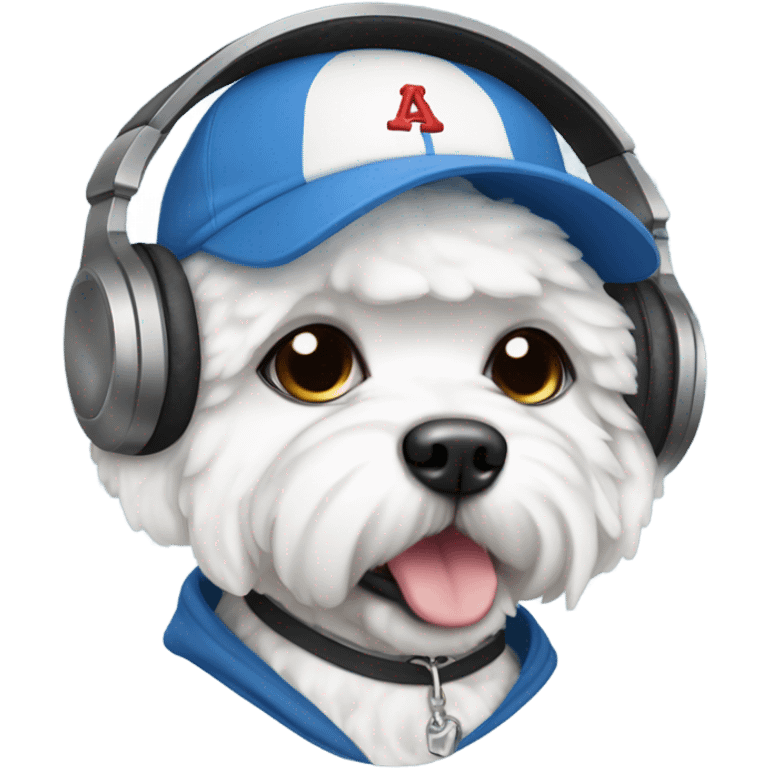 A Bichon wearing a baseball cap and headphones and a hoodie  emoji