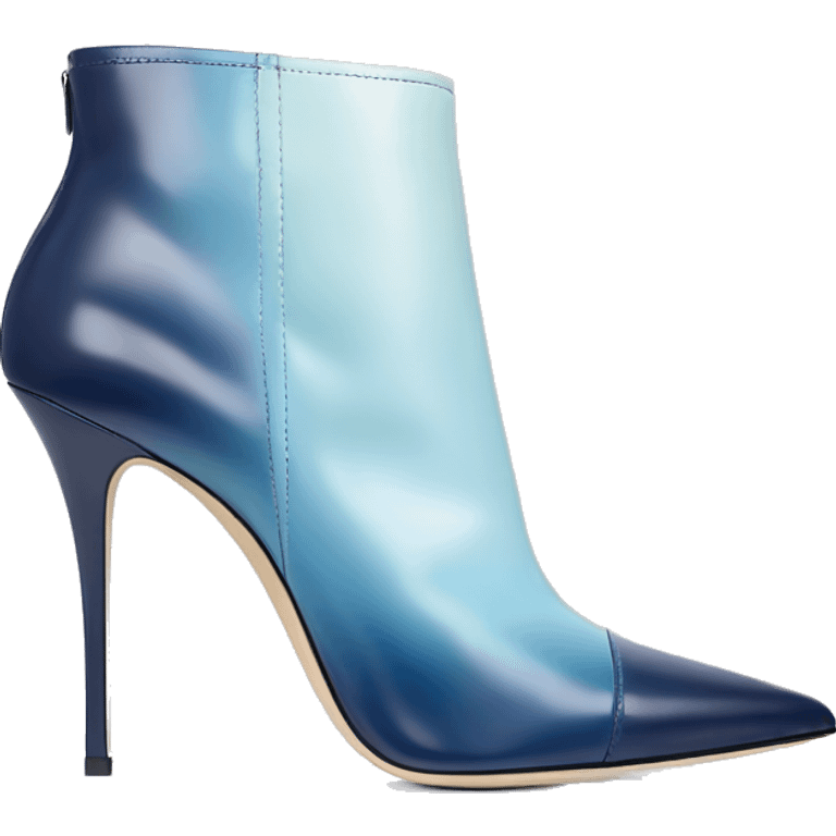 Realistic isolated top view of a pair of navy blue to pastel blue ombre Jimmy Choo stiletto heel ankle bootie boots. emoji