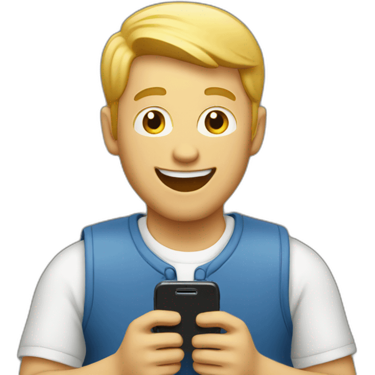 joyful white man holding a smartphone and looking at it emoji