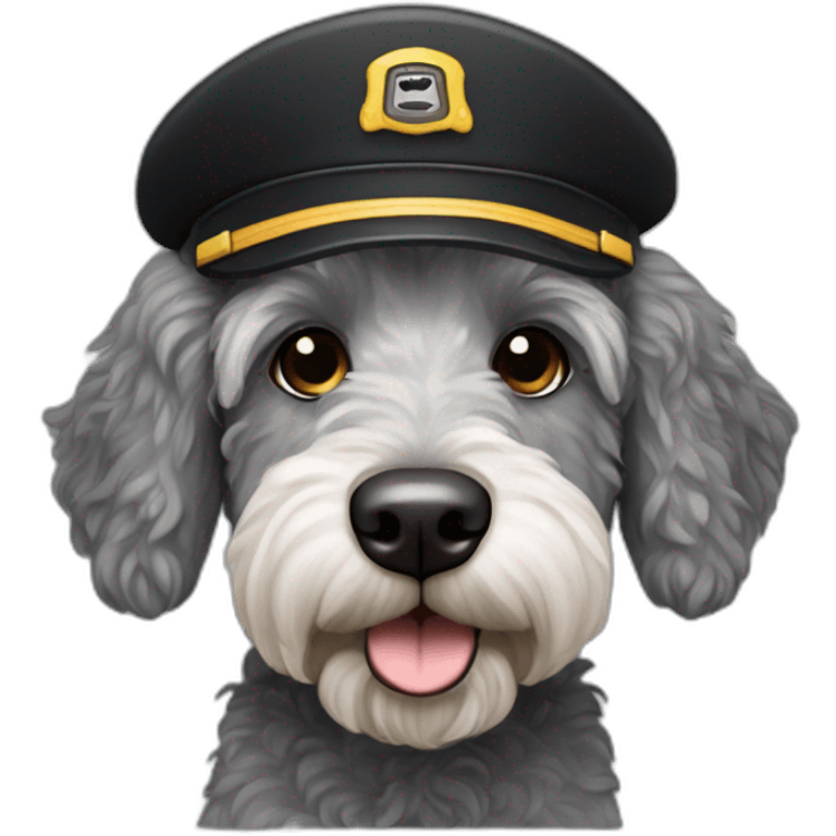 grey and black labradoodle dog's face with pilot cap on emoji