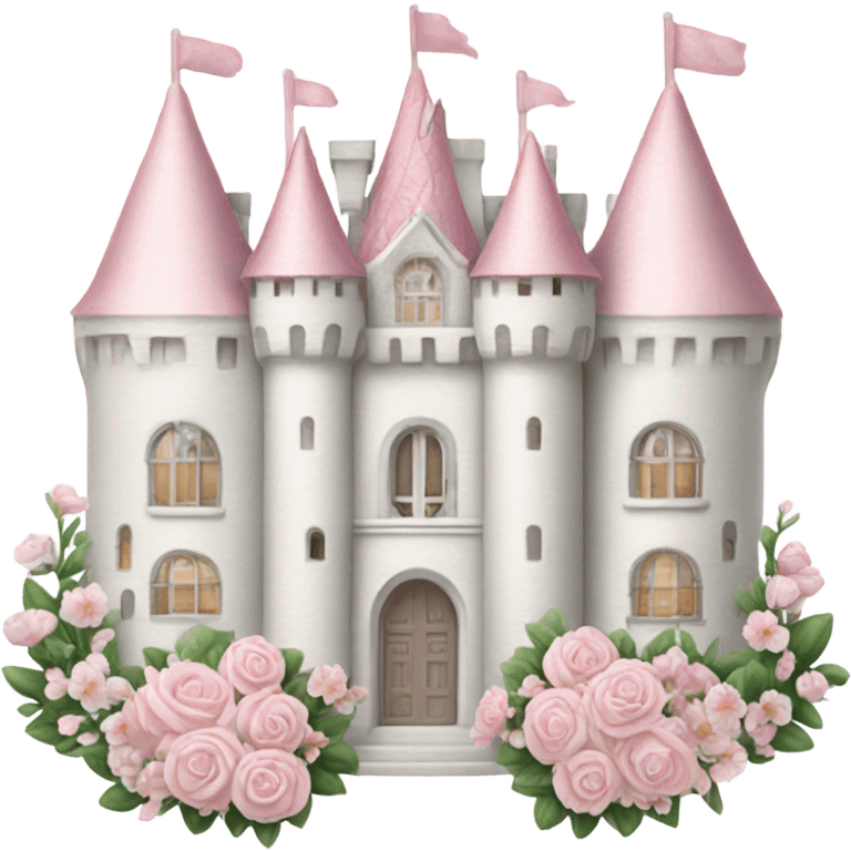 white elegant castle that is very feminie and pretty and elegant and it had baby pink accents when i say accents i mean like props like for example like baby pink flower emoji