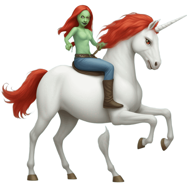 [politically incorrect
	{ woman: alien, color: light green, hair:red, eyes:cat} ]
	on a 
	[{ unicorn: white, legged:six, mane: light blue }] emoji