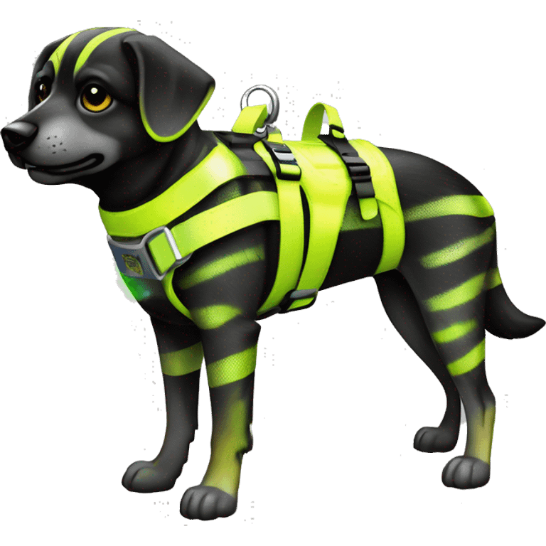 Neon Yellow and black striped caution dog covered in caution tape and holographic oilslick harness neon graffiti  emoji