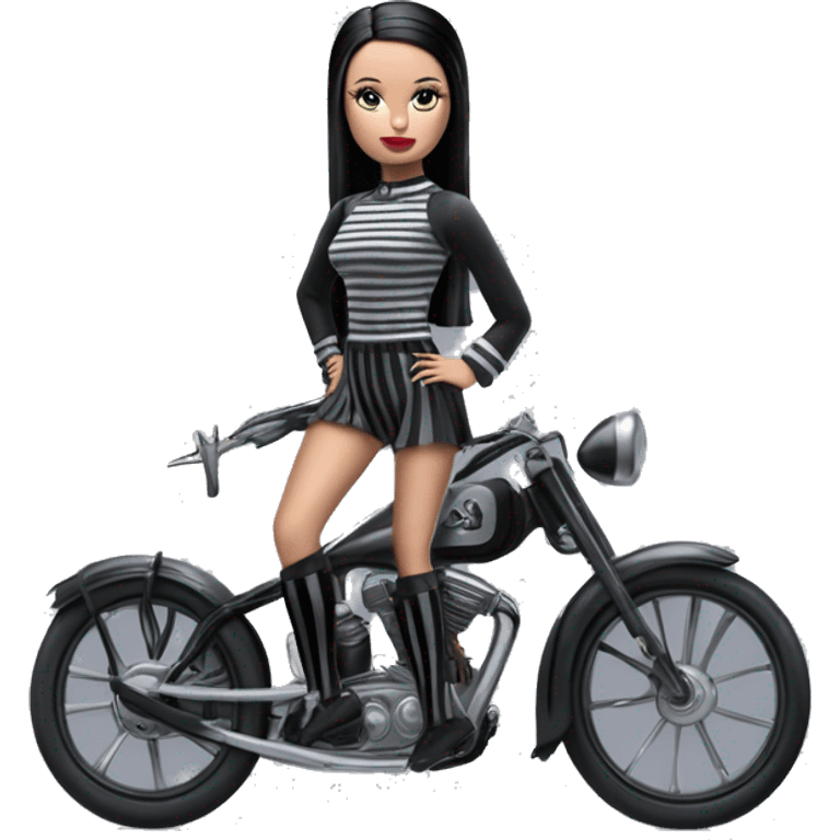 Jeffery New York Lingerie Barbie Wednesday Addams from academy in vertically striped gray and black outfit. riding hot rod bikes with crows emoji