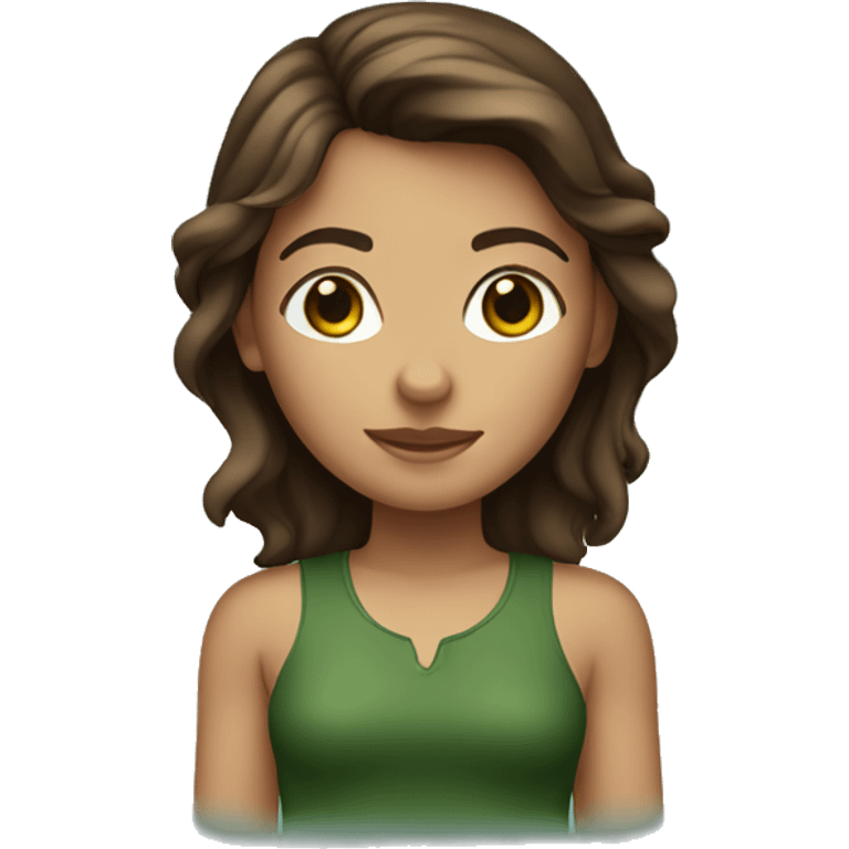 Brown haired girl on an island wearing dark green  emoji