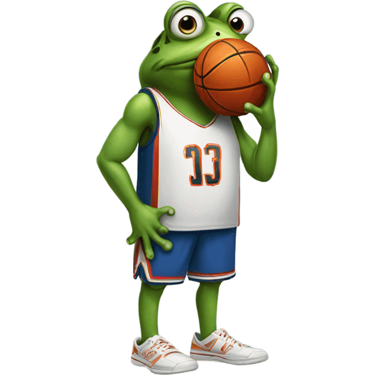 A frog looking concerned with basketball gear on emoji