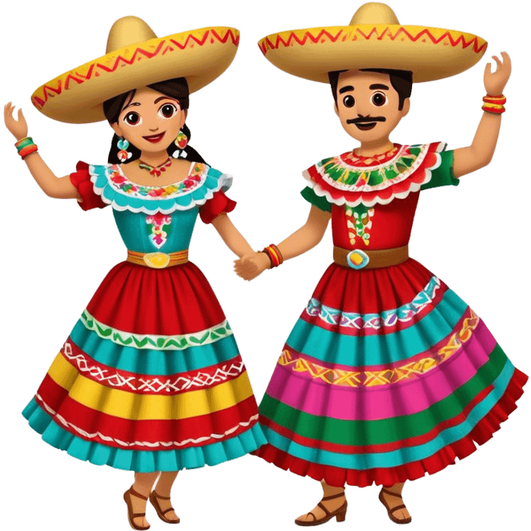 Cinematic Realistic scene of two performers dancing the Jarabe Tapatío, dressed in colorful traditional Mexican costumes with intricate embroidery, captured in energetic, festive motion with vibrant, celebratory lighting emoji