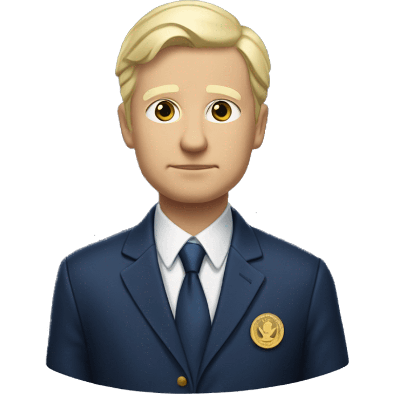 President Petr Pavel has fair skin, short light blonde hair with some gray, and a serious expression. He wears a dark blue suit jacket with a gold emblem, a white shirt, and a dark blue tie. emoji