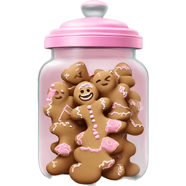 Realistic glass cookie jar with light pink lid full of gingerbread cookies isolated.  emoji