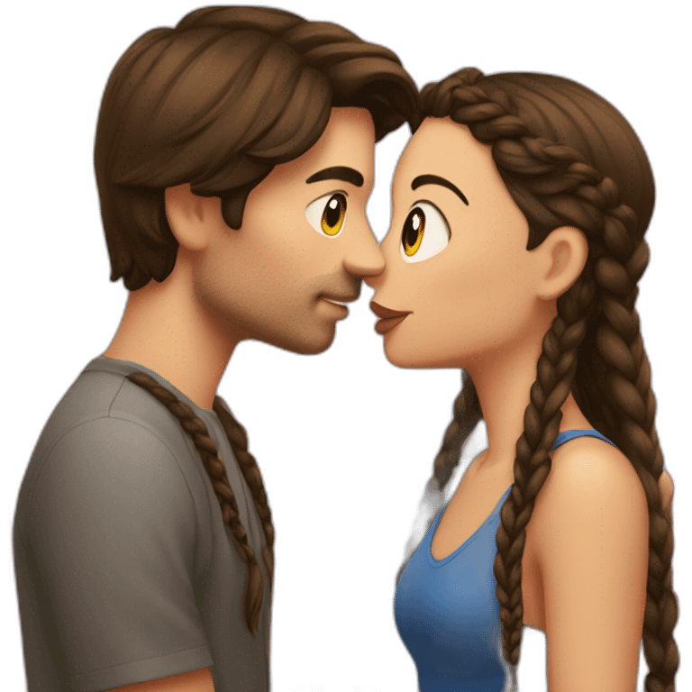 A brunette guy kisses a brunette girl with braids emoji