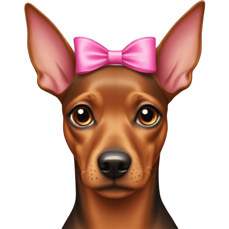 Female pinscher dog with a pink bow on her head. emoji