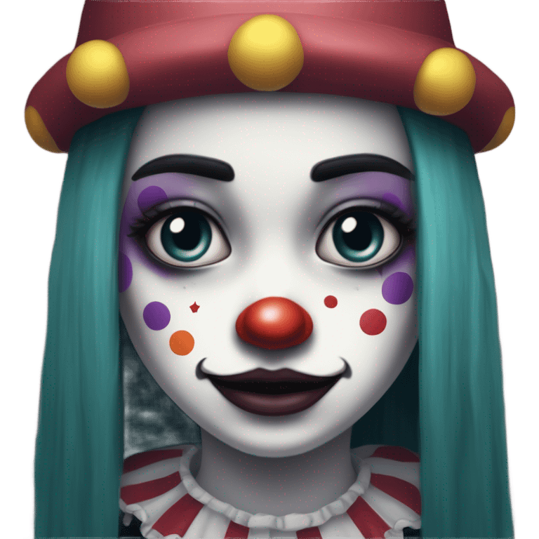 Sad clown girl with clown face paint wearing cap n bells cockcomb jester hat with long straight black hair exaggerated expression on her face  emoji