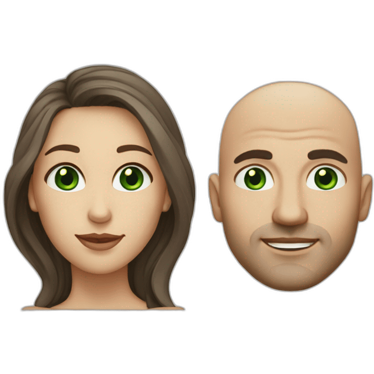 caucasian bald man with green eyes and a caucasian woman with long curly dark hair and brown eyes emoji