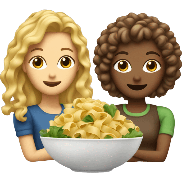 2 women, one with straight blonde hair and the other with brown curly hair. Pasta and salad in front of them emoji