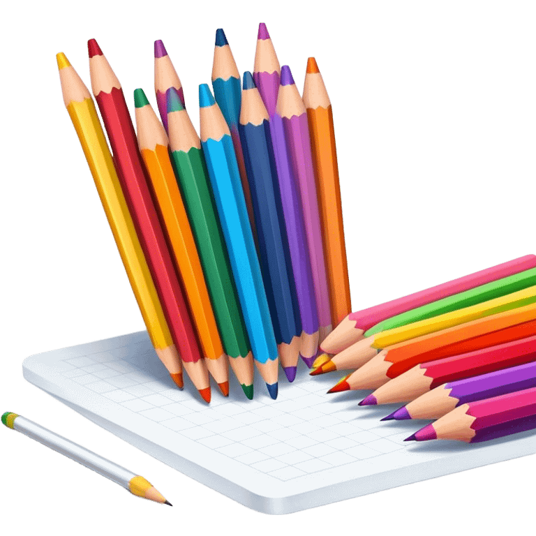 Cinematic Realistic image of a set of finely sharpened colouring pencils arranged neatly on crisp paper, rendered with vibrant hues and detailed pencil textures, illuminated by soft, creative lighting that captures the spirit of artistic expression emoji