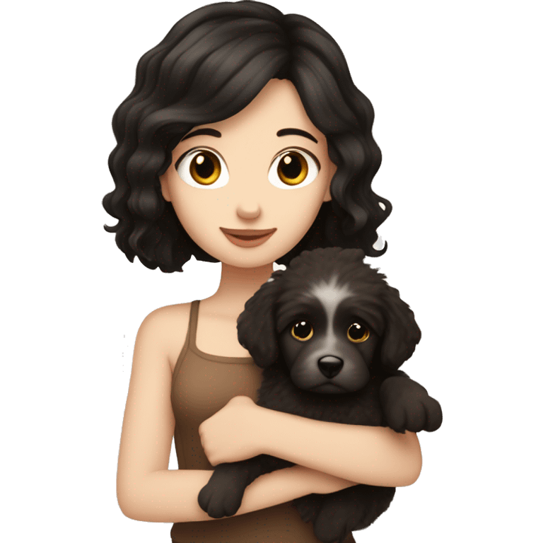 pale white girl with black hair holding brown fluffy puppy emoji