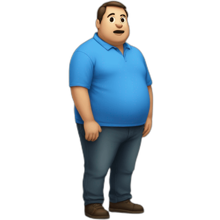 fat man in a blue shirt standing in front of a whiteboard emoji