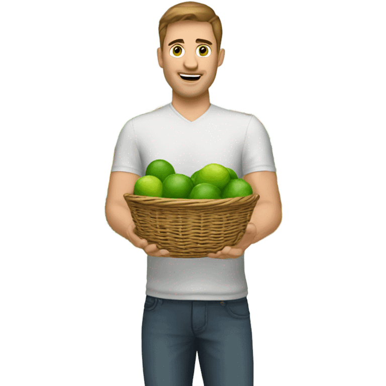 A white man with brown hair and tall carrying many limes in his hands in a supermarket. Make it so the limes are nearly overflowing the basket. emoji