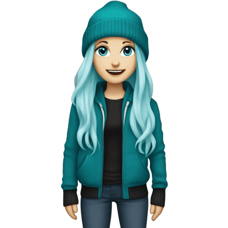 White girl, blue eyes, long teal hair, purple beanie hat, black hoodie, blue jeans, black shoes emoji