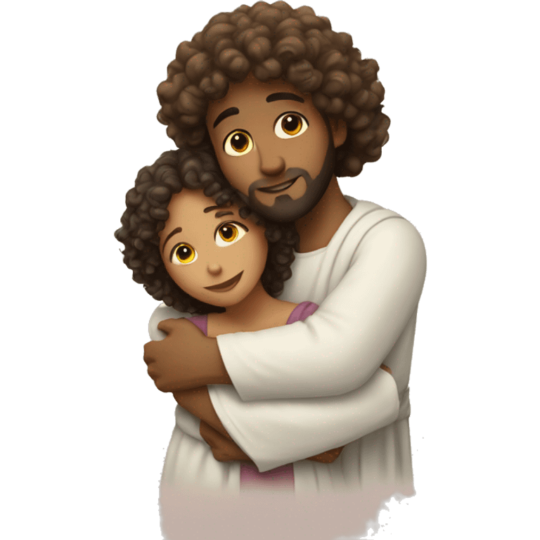 Curly haired girl hugging Jesus emoji