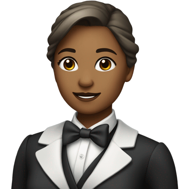 a female butler with a professional and elegant demeanor. She has her hair neatly tied in a ponytail and wears a classic butler uniform, including a tailored vest, crisp white shirt, and bow tie. emoji