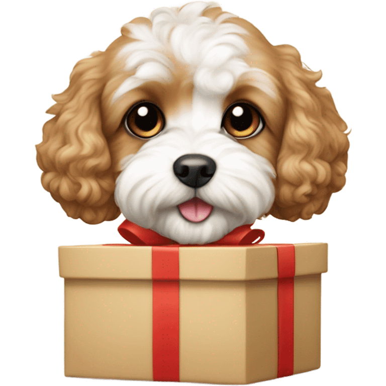 beige and white cavapoo with gift box emoji