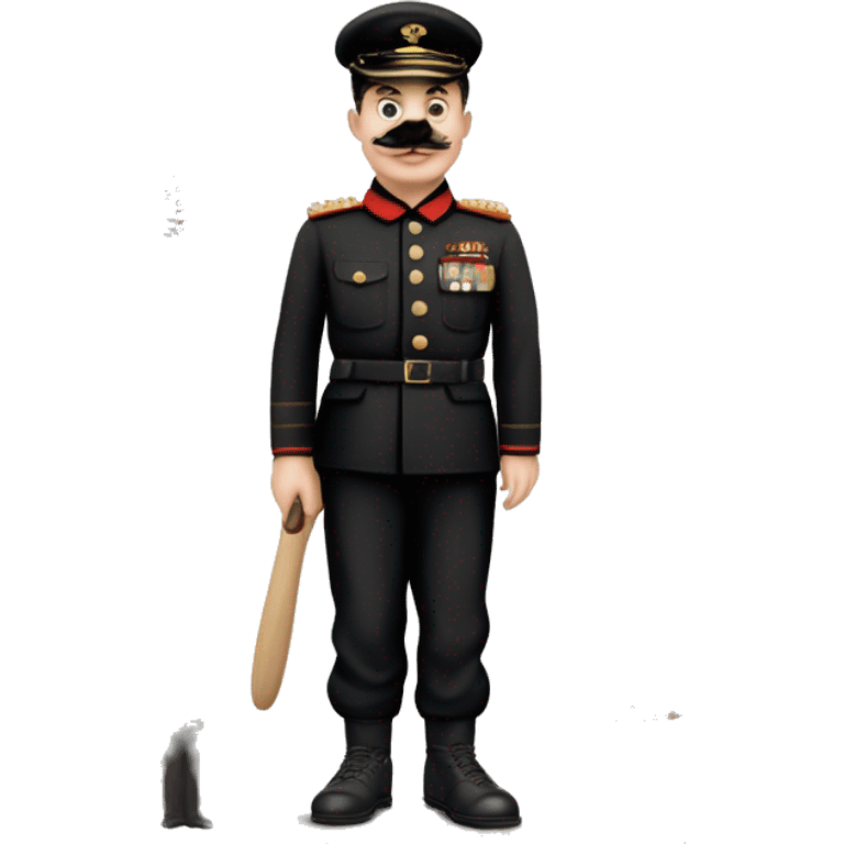 Charlie chaplin with tootbrush mustache but without hat, black sideways combed hair and brown classical 1936 dutch military uniform and red white soccer captains upper armbracelet looking fiercefully emoji