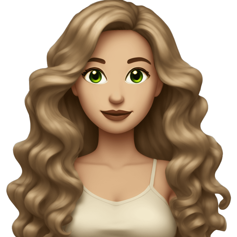 woman long brown wavy voluminous hair with green eyes beige skin and hot outfit emoji