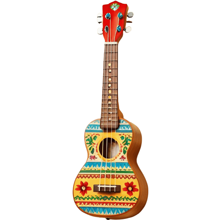 Create a vibrant and artistic emoji representing a ukulele with a Mexican design. The ukulele should feature a bright, colorful body with traditional Mexican patterns, such as geometric shapes, floral motifs, or colorful stripes. Use rich, warm tones like red, yellow, green, and blue to give the instrument a lively, festive look. Highlight the wood grain of the ukulele’s neck and fingerboard, and add subtle details like decorative inlays or a small Mexican flag symbol on the body. The strings should be clearly visible, and the instrument should be in a slightly angled position to showcase its unique design. The background should be transparent. emoji