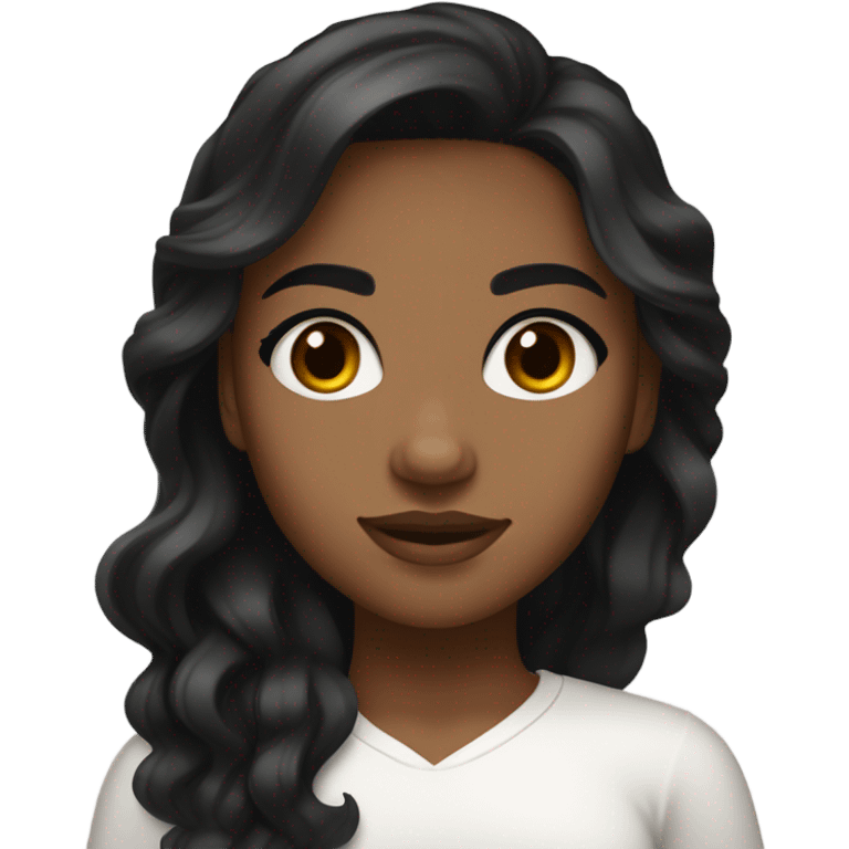 Girl with brown skin tone, wavy black hairs, pretty black eyes and long lashes and white shoulder down tto emoji