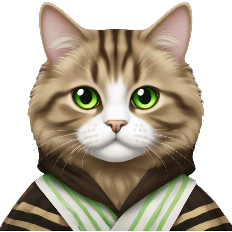 Brown and black striped Siberian cat with green eyes dressed as obi wan kenobi  emoji