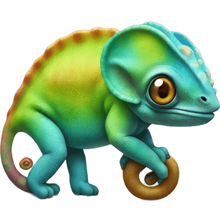 A multicoloured chameleon standing on an elephant emoji