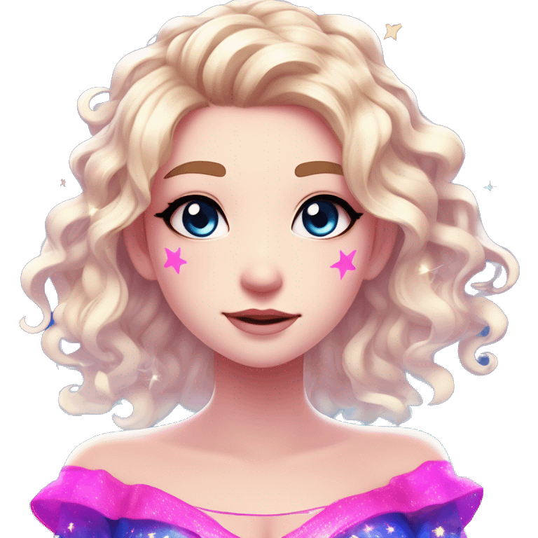 Hair: Light blonde with neon pink and violet highlights, long with curls, glowing star-shaped clips or a sparkling tiara. Eyes: Bright blue, large and expressive. Outfit: Off-shoulder top with neon accents and starry patterns. Anime style emoji