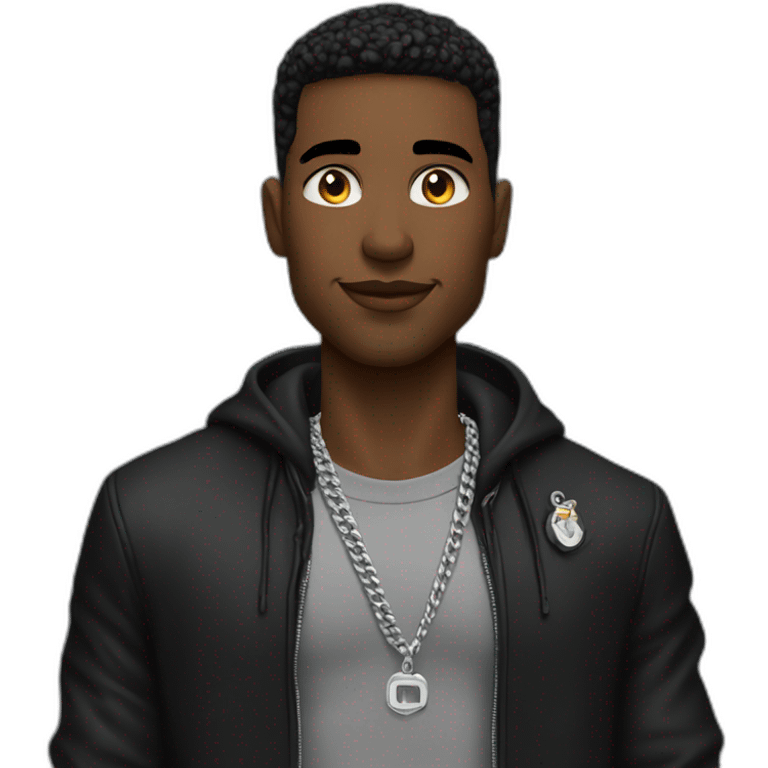 An Birmingham strong male wearing silver chain on a black jacket,cool,style emoji