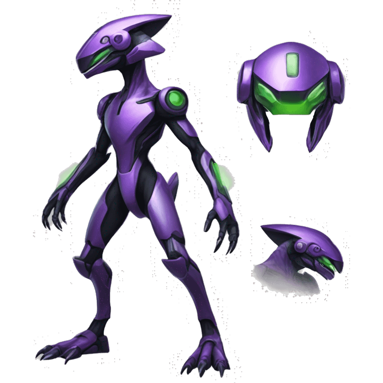 a shiny black-purple-green Genesect-Raptor-Fakémon—hybrid with a futuristic visor-helmet full body emoji