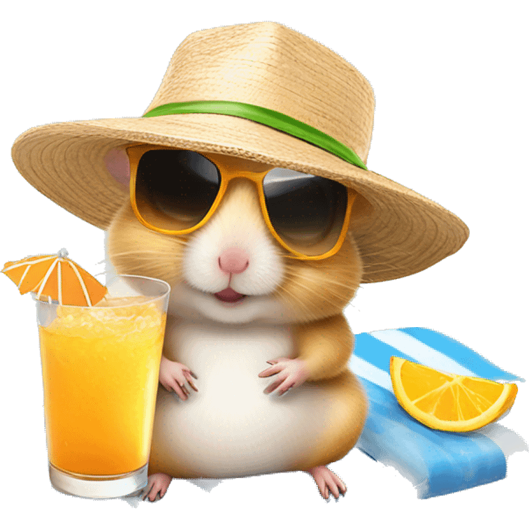 hamster with a sunhat and sunglasses drinking a coctail while laying in a sunbed emoji